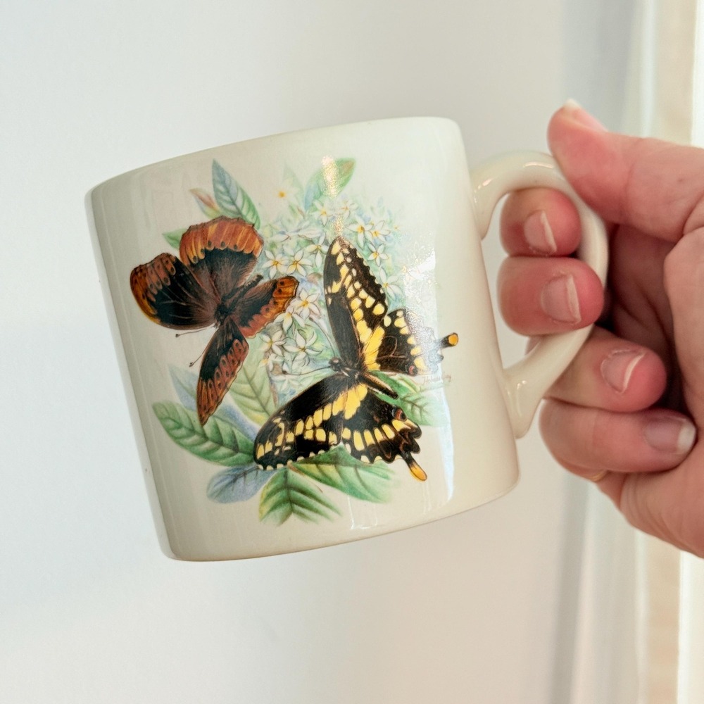 Vintage 70s King Swallowtail Butterfly Coffee Mug Tea Cup White Ceramic 8 oz